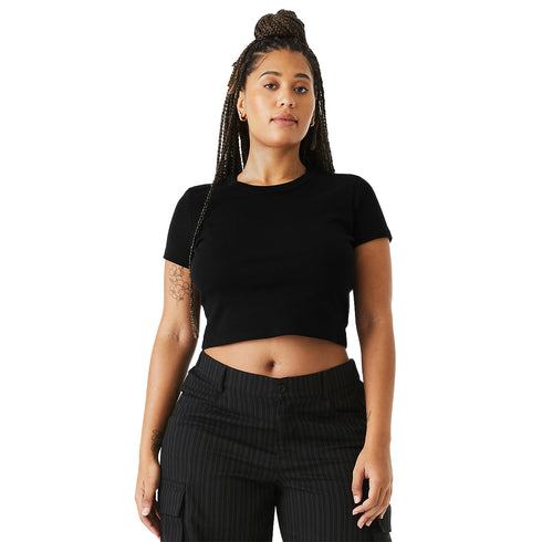 Women's Micro Rib Baby Tee Solid Black Blend close-up model